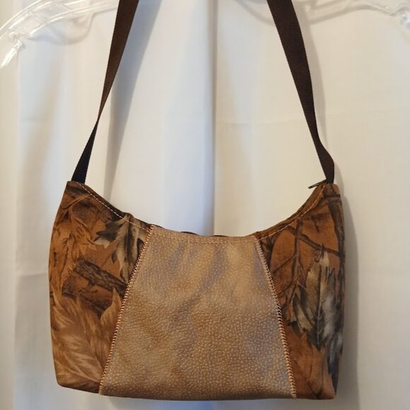 New Canvas Vinyl Camo Top handle Shoulder Bag Purse Brown Crescent Baguette - Picture 6 of 10